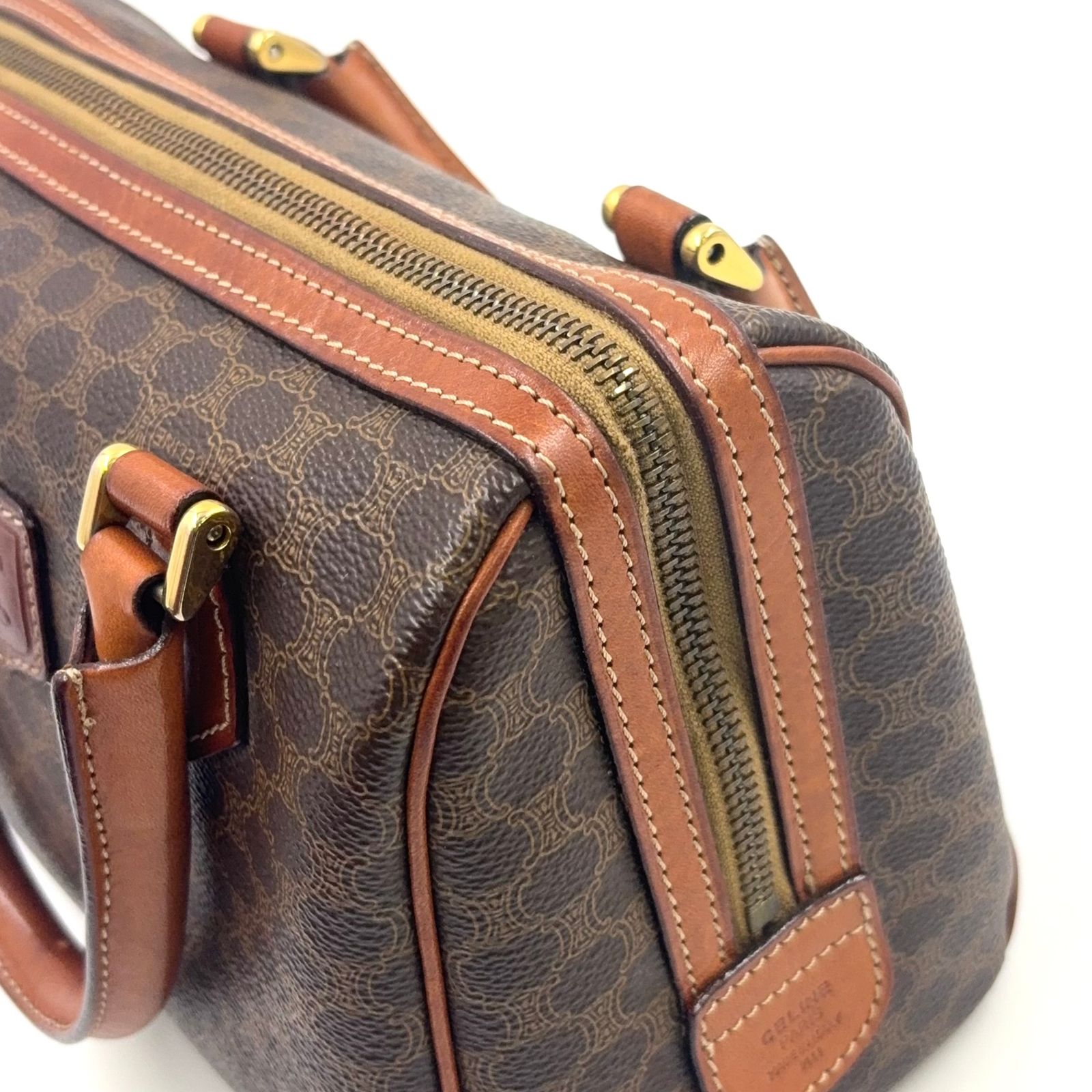 CELINE マカダム柄 ミニボストン 2WAYショルダー レザー×PVC ブラウン