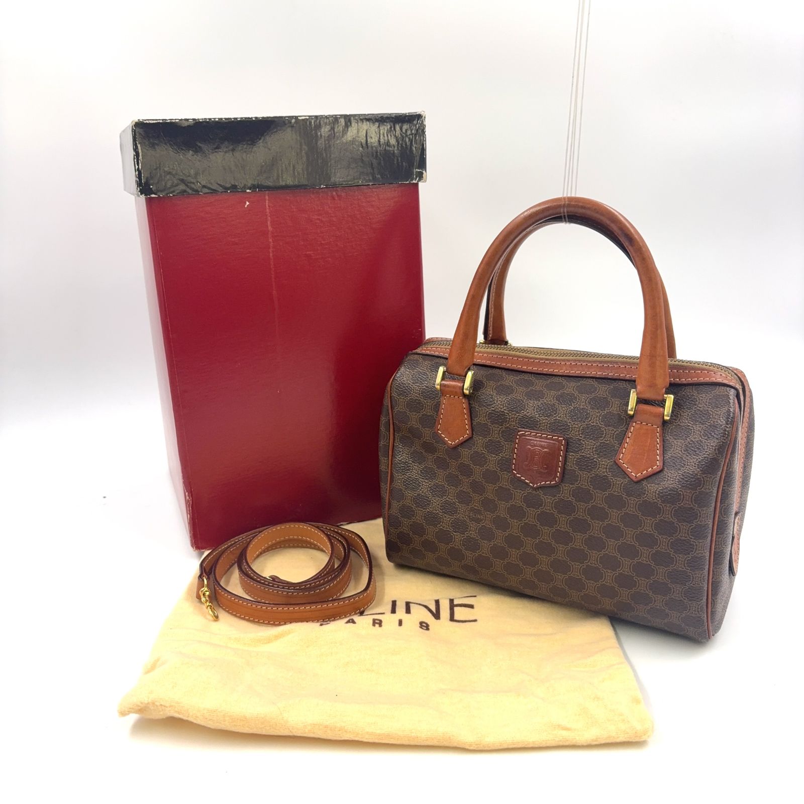 CELINE マカダム柄 ミニボストン 2WAYショルダー レザー×PVC ブラウン 