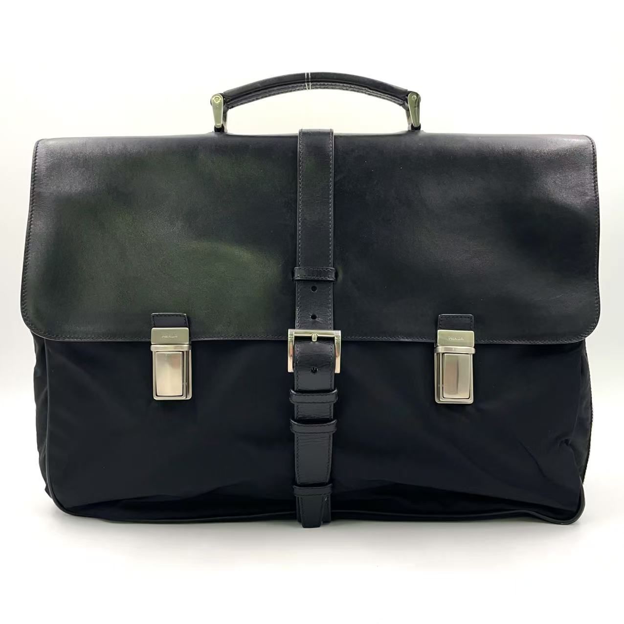 PRADA レザーフラップ×ナイロン レザー×ナイロン ブラック ビジネス