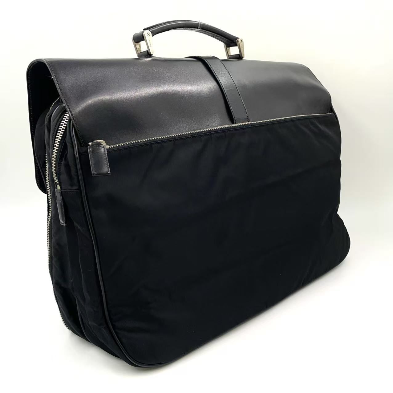 PRADA レザーフラップ×ナイロン レザー×ナイロン ブラック ビジネス