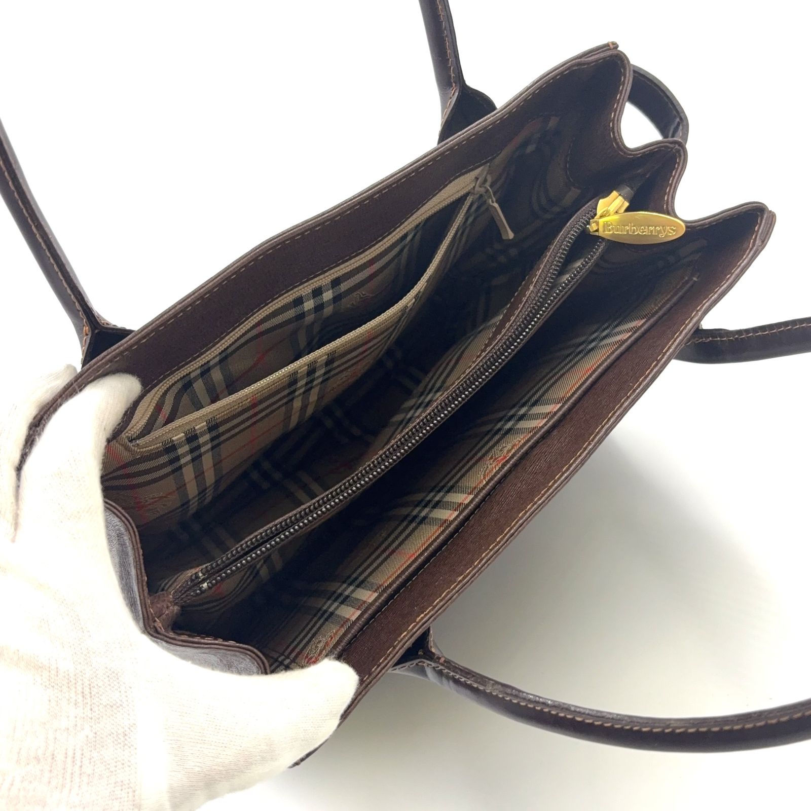 BURBERRY ノバチェック レザー ダークブラウン ハンドバッグ ゴールド
