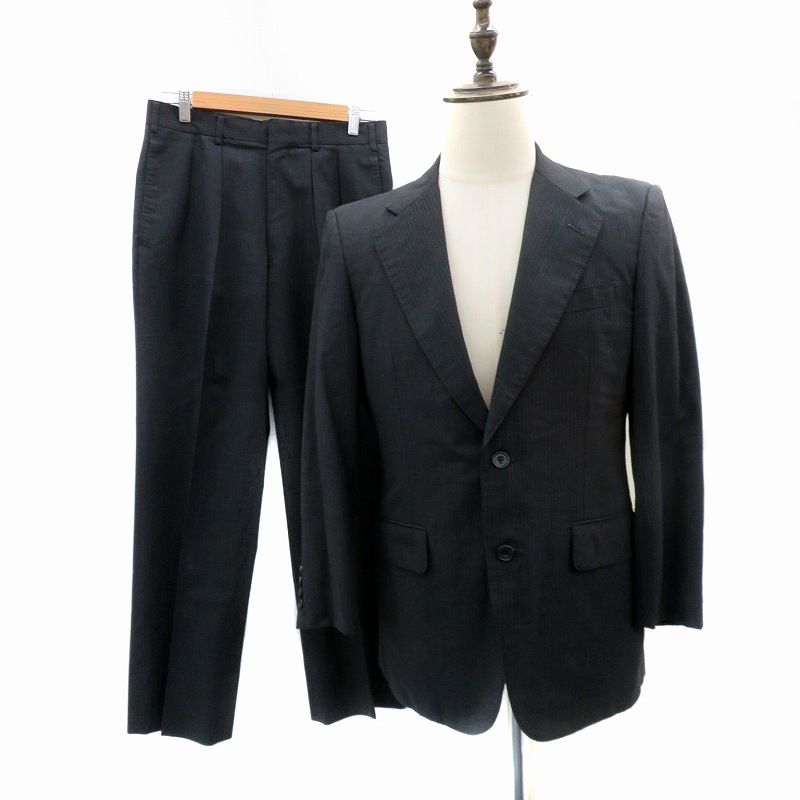 バーバリー ロンドン LONDON スーツ セットアップ 上下 テーラードジャケット シングル ミドル丈 スラックパンツ アンクル丈 ストライプ柄 ウール 紺 ネイビー 青 ブルー HO 2 GY 17