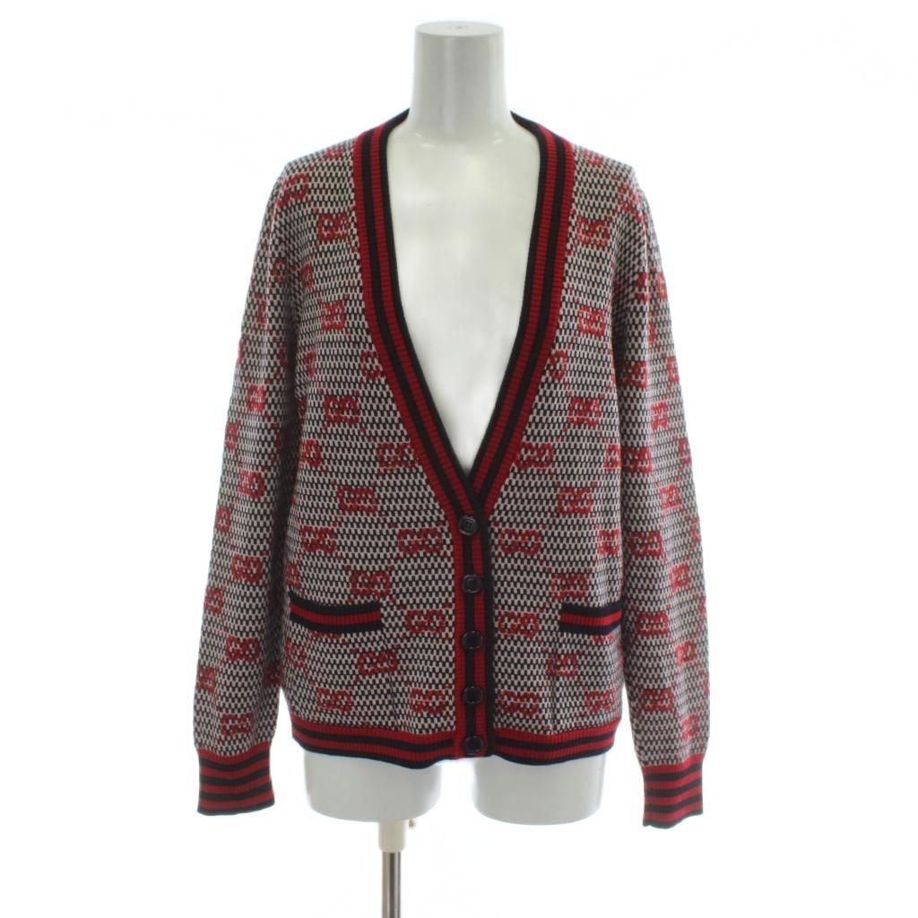 グッチ GUCCI カーディガン ニット 長袖 ウール S マルチカラー レッド