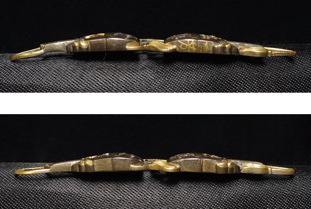 ☆際端銘一芳 四分一地容彫蓬莱香炉図目貫 金象嵌銘 色絵象嵌 千葉元胤