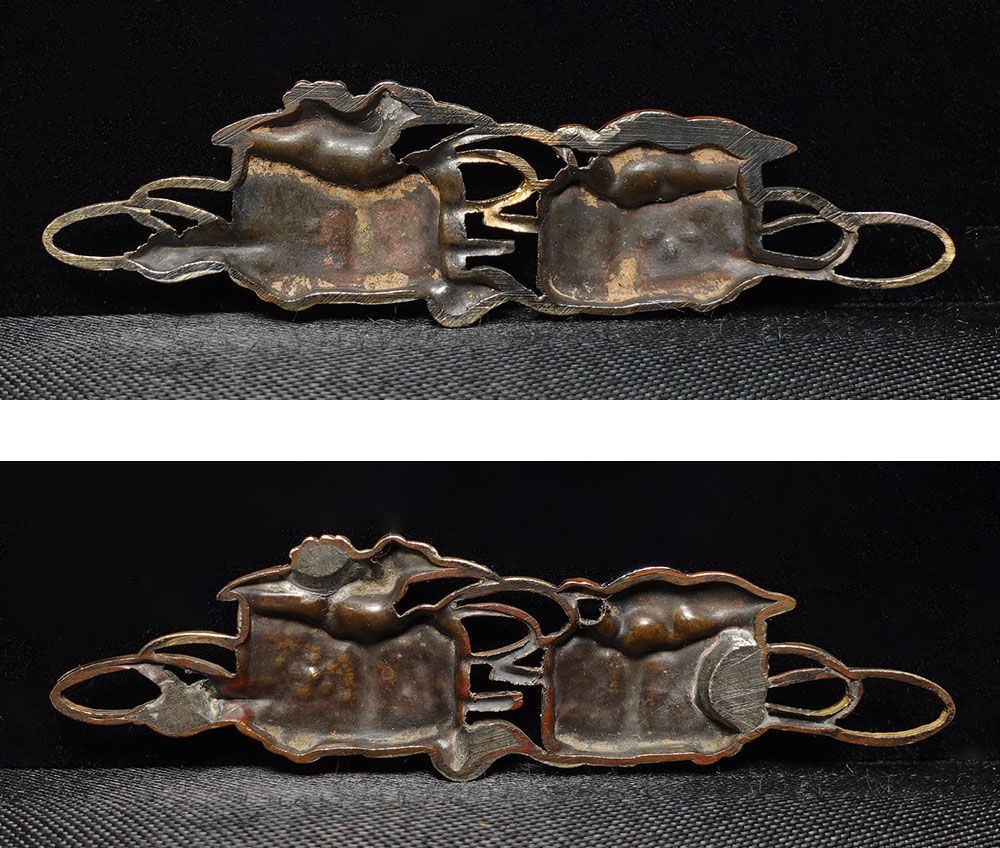 ☆際端銘一芳 四分一地容彫蓬莱香炉図目貫 金象嵌銘 色絵象嵌 千葉元胤