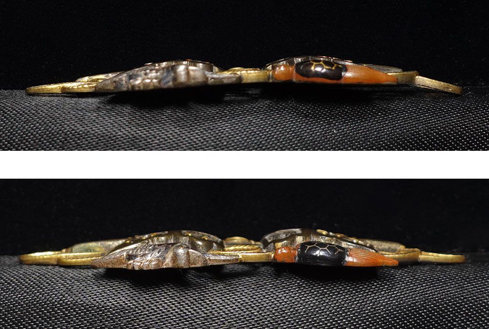 際端銘一芳　四分一地容彫蓬莱香炉図目貫　金象嵌銘　色絵象嵌　千葉元胤？　桐箱入 際端銘一芳 四分一地容彫蓬莱香炉図目貫 金象嵌銘 色絵象嵌 千葉元胤