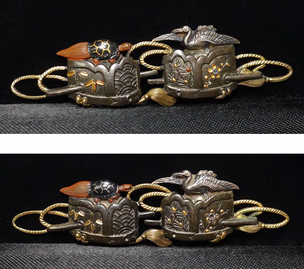 際端銘一芳　四分一地容彫蓬莱香炉図目貫　金象嵌銘　色絵象嵌　千葉元胤？　桐箱入 ☆際端銘一芳 四分一地容彫蓬莱香炉図目貫 金象嵌銘 色絵象嵌 千葉元胤