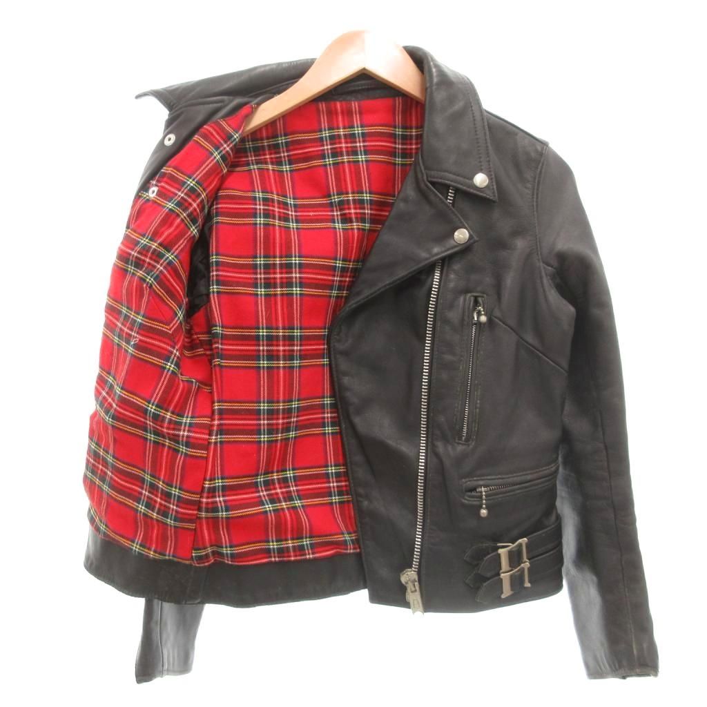  トリプルシックス 666 サイドベルト ダブル ライダースジャケット 革ジャン リアルレザー 赤タータン裏地 UK製 黒 ブラック NU GY 11 シングルライダース レザージャケット ライダース