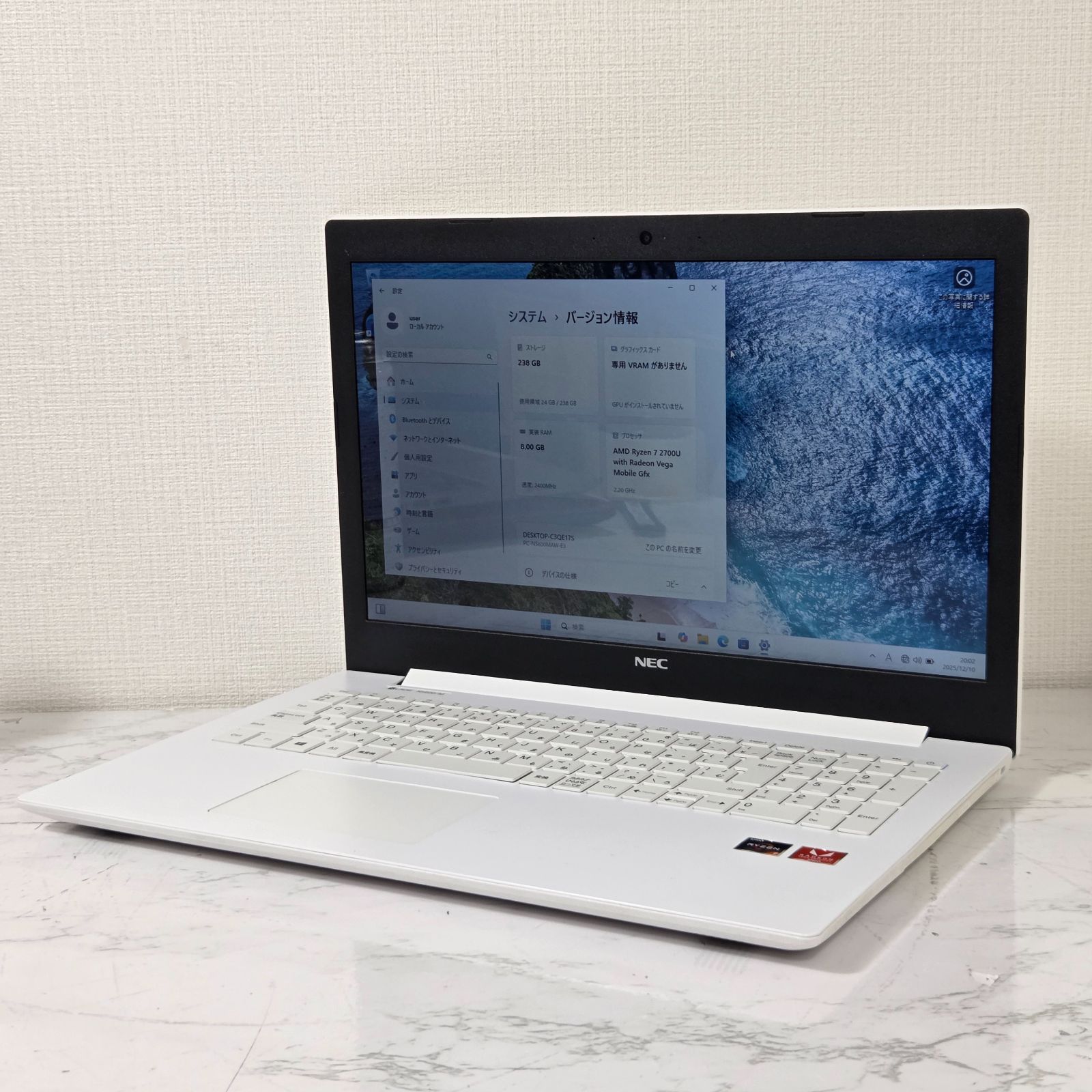 1週間保証 NEC AMD Ryzen 7 2700 U 8 GB 256 15 6インチ Win 11