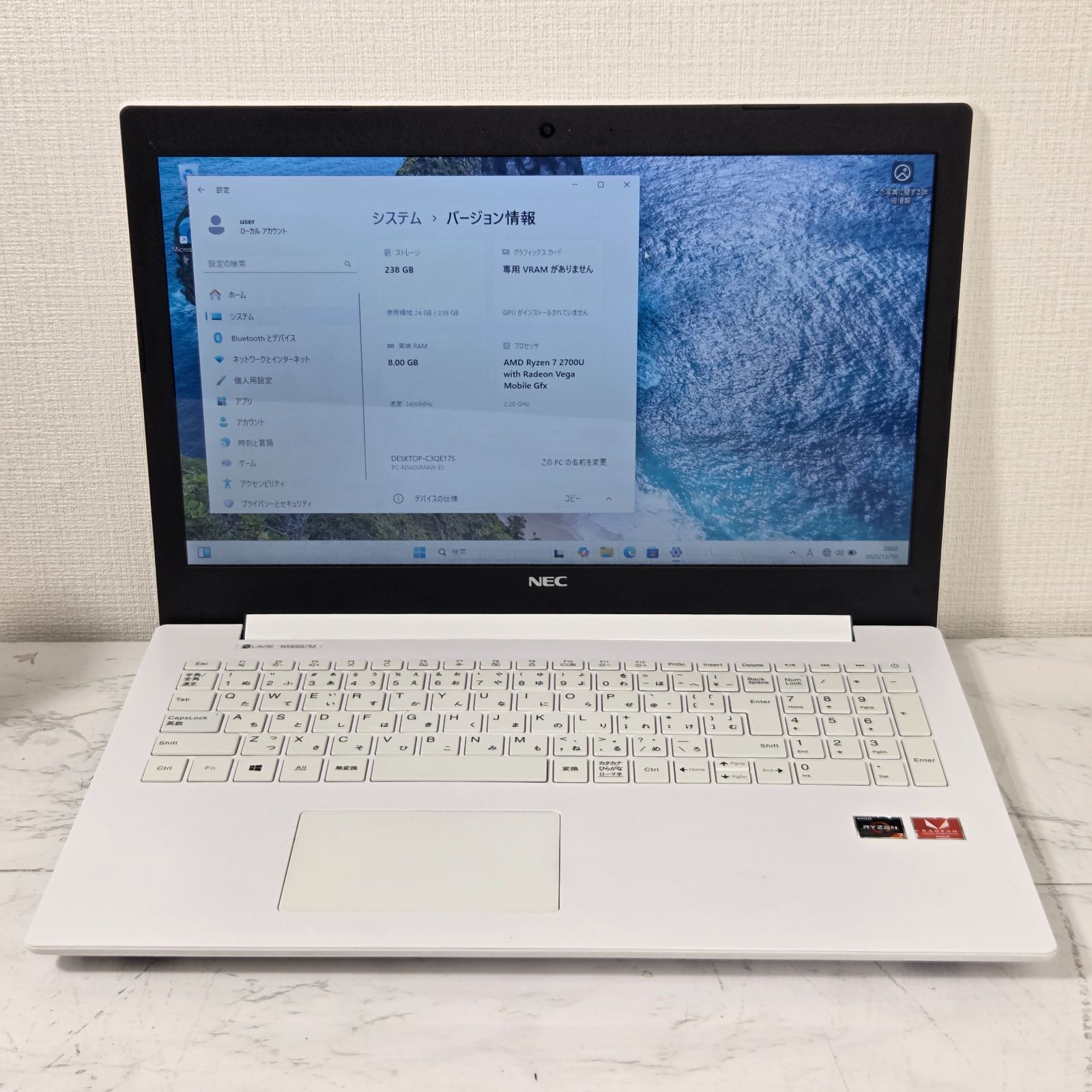 1週間保証 NEC AMD Ryzen 7 2700 U 8 GB 256 15 6インチ Win 11
