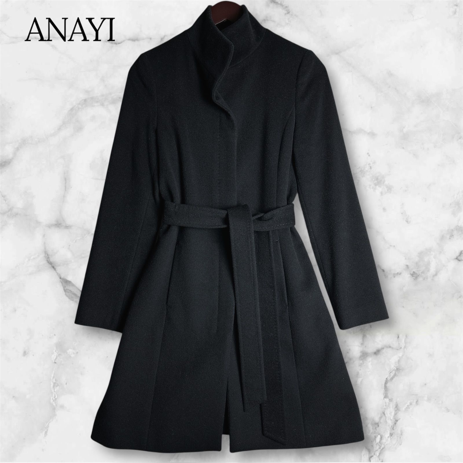ANAYI アナイ カシミヤ スタンドカラー ウールコート ベルト付き 38 黒