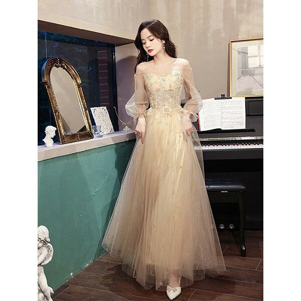 パーテイードレス ロング丈ドレス レディース オフショルダー 肩出し キラキラ 着痩せ 発表会 演奏会 二次会 大きいサイズ エレガント 20代 30代 40代 大人 結婚式 披露宴 フォーマルドレス シャンパン色グローリーパーク