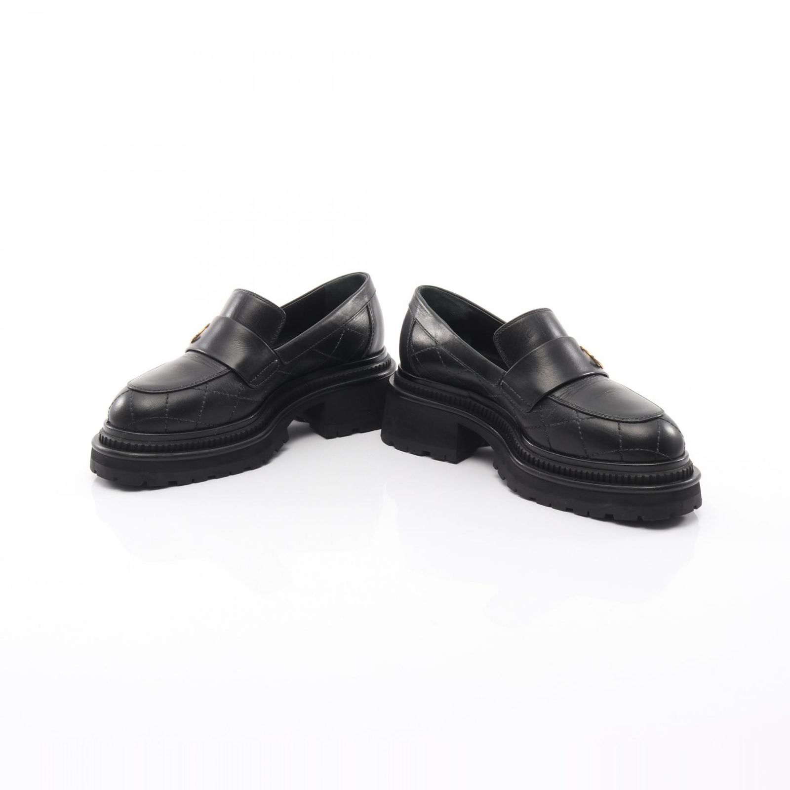 CHANEL シャネル ローファー マトラッセ ビーズ ココマークブラックレザー CHANEL マトラッセ ココマーク ローファー 36 1/2 C ブラック レザー