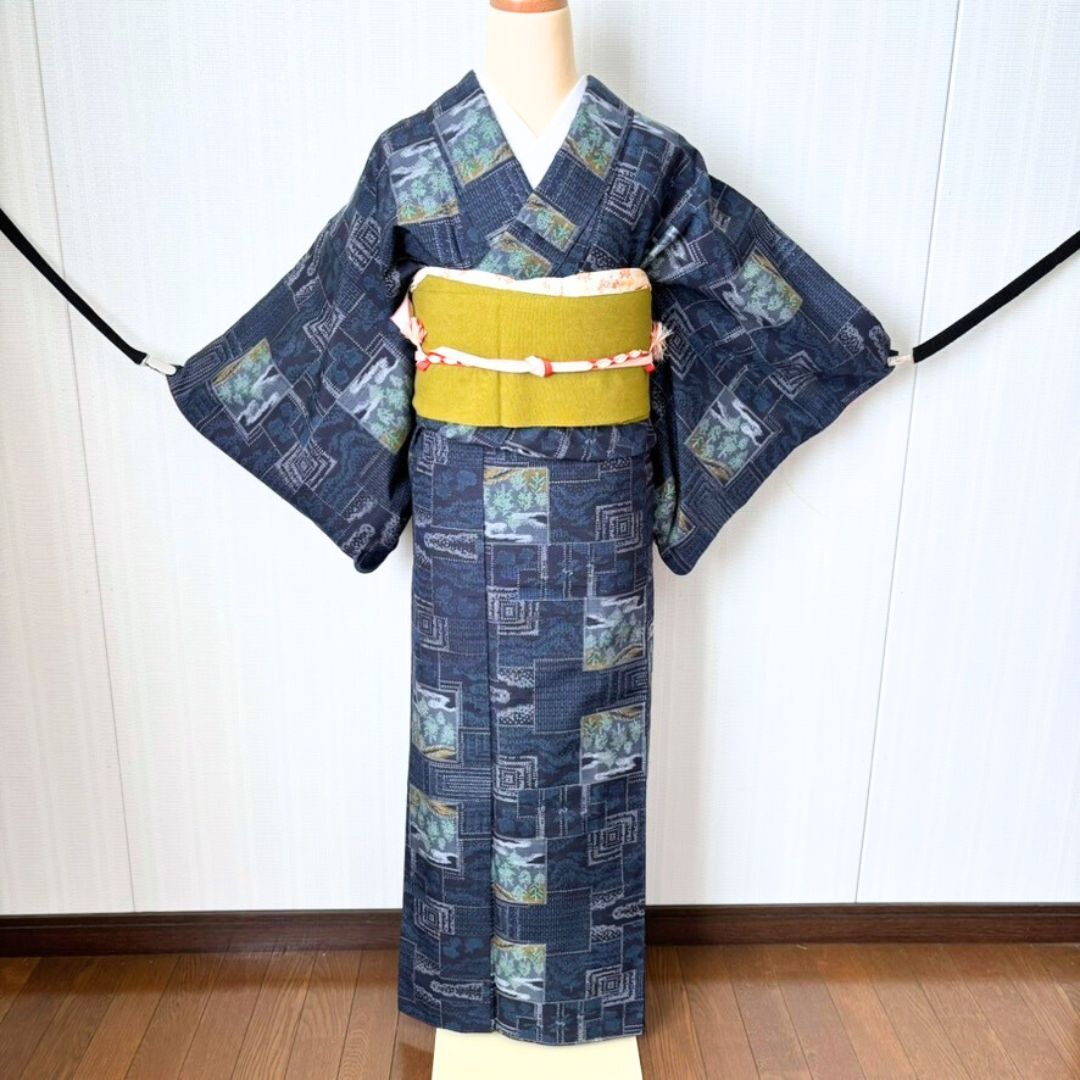 紬 着物 4点セット 名古屋帯 帯揚げ 帯締め｜身丈156 cm 広衿 袷｜ウール名古屋帯 フリンジ｜カジュアル コーデにも kimono set tsumugi nagoyaobi