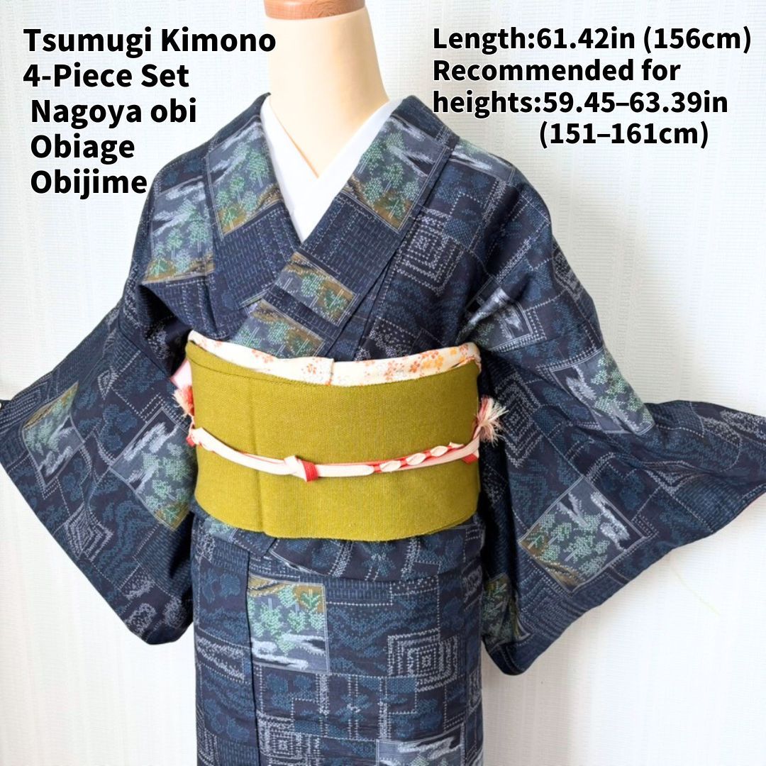紬 着物 4点セット 名古屋帯 帯揚げ 帯締め｜身丈156cm 広衿 袷