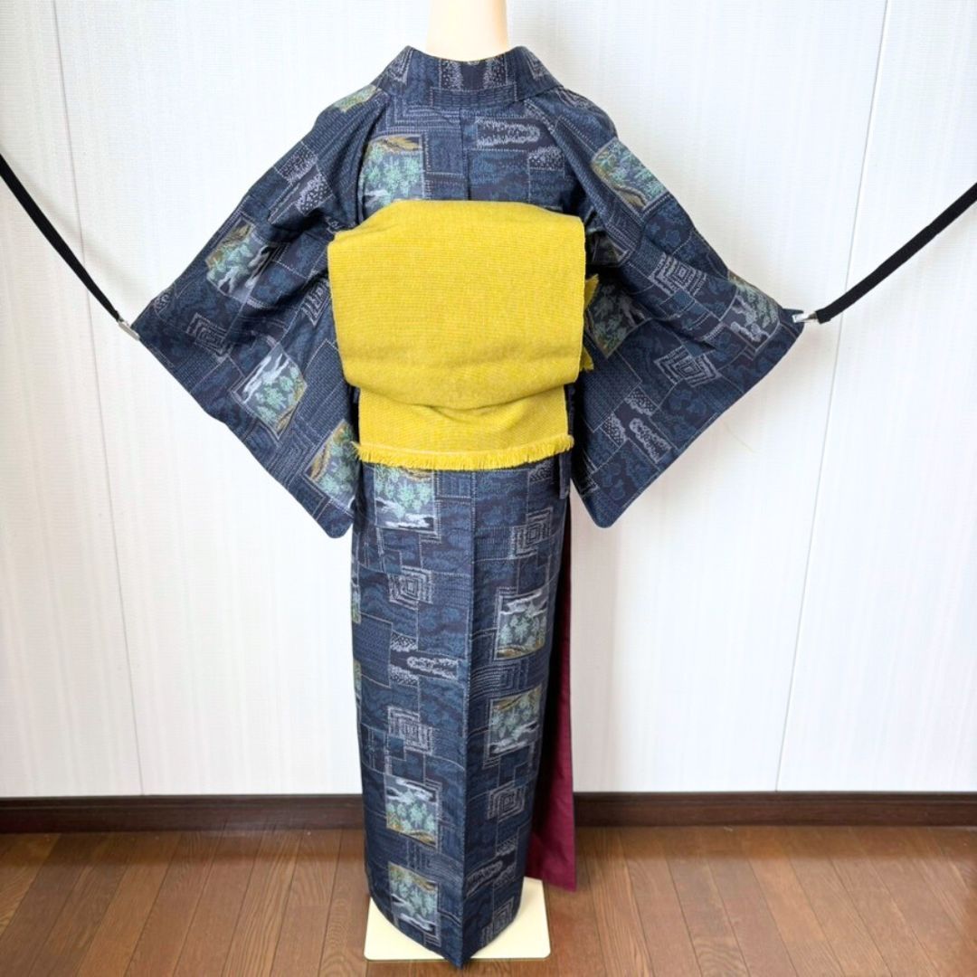 紬 着物 4点セット 名古屋帯 帯揚げ 帯締め｜身丈156cm 広衿 袷