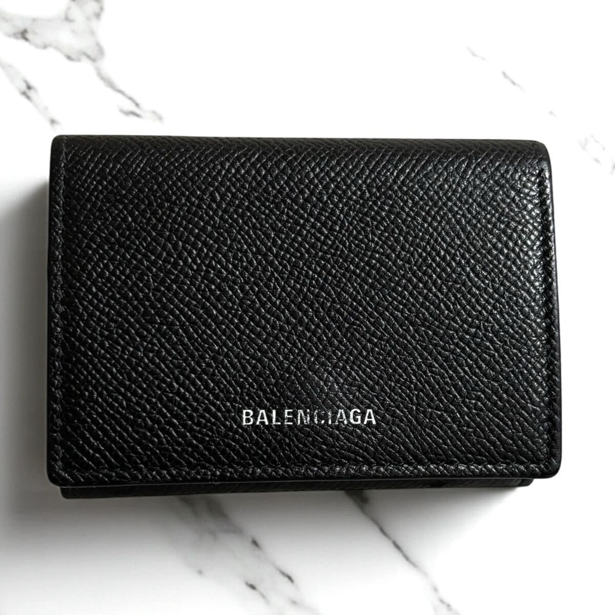 r 45 BALENCIAGA バレンシアガ 三つ折り財布 ブラック コンパクト ウォレット 黒 レザー キャッシュ ミニ
