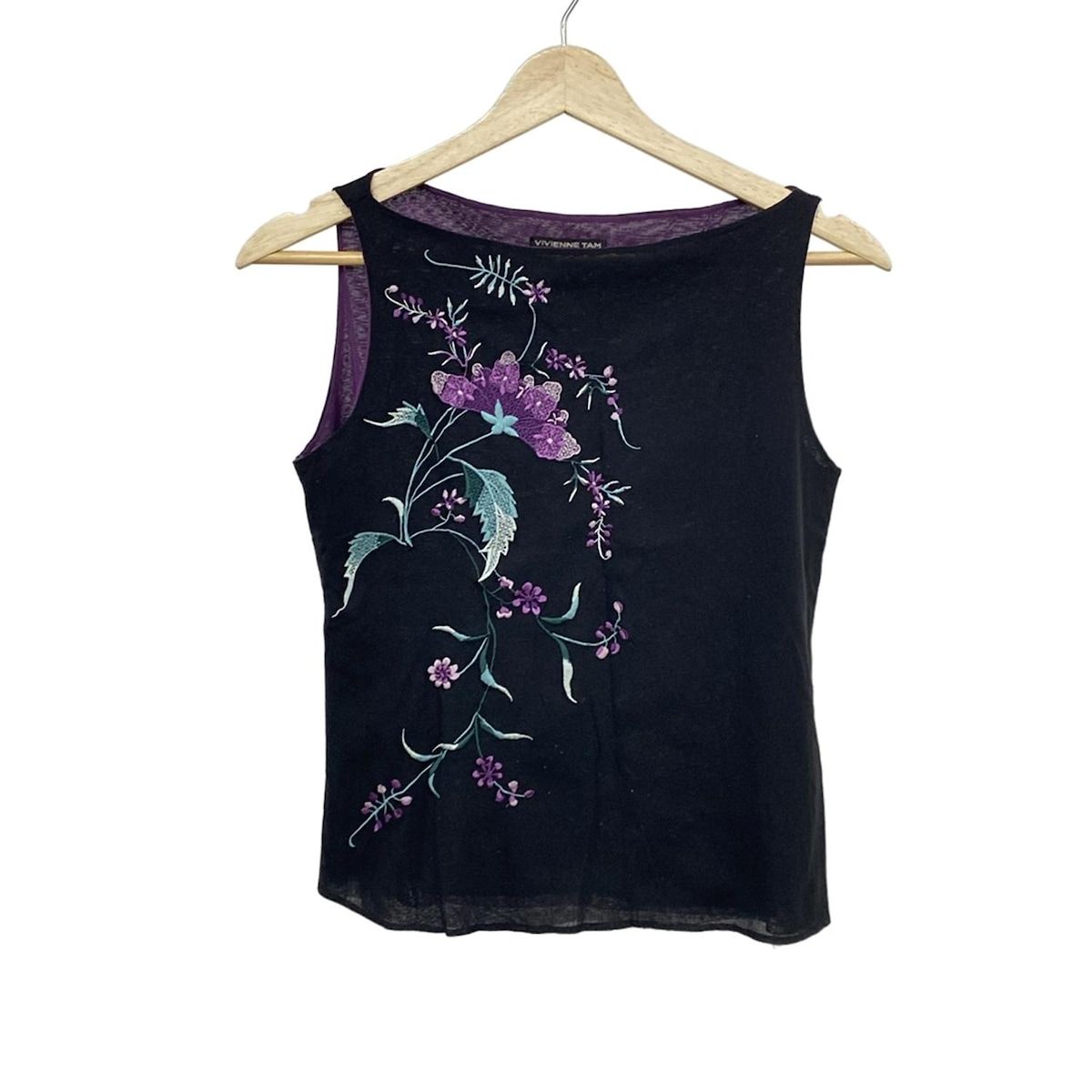 TAM ヴィヴィアンタム ノースリーブカットソー サイズ1 黒 パープル グリーン フラワー 刺繍