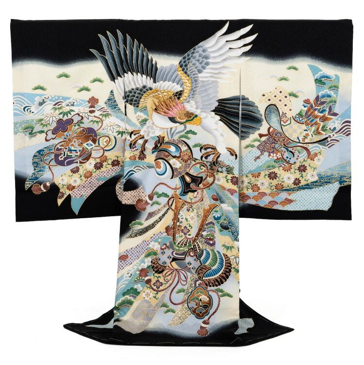 お宮参り 着物 男の子 初着 産着 正絹 鷹 兜 黒 束ね熨斗 男児 祝着