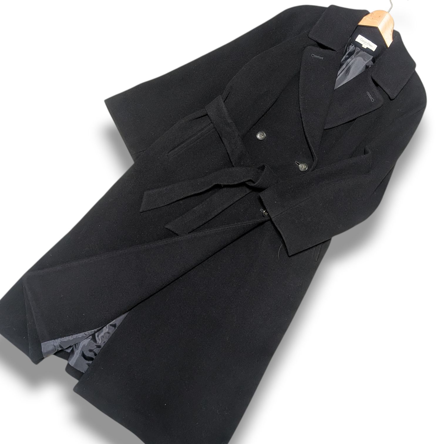 着丈120 cm Calvin Klein カルバンクライン トレンチコート ウール マキシ丈 ロングコート ブラック 黒 ベルテッド ダブルブレスレット アウター レディース