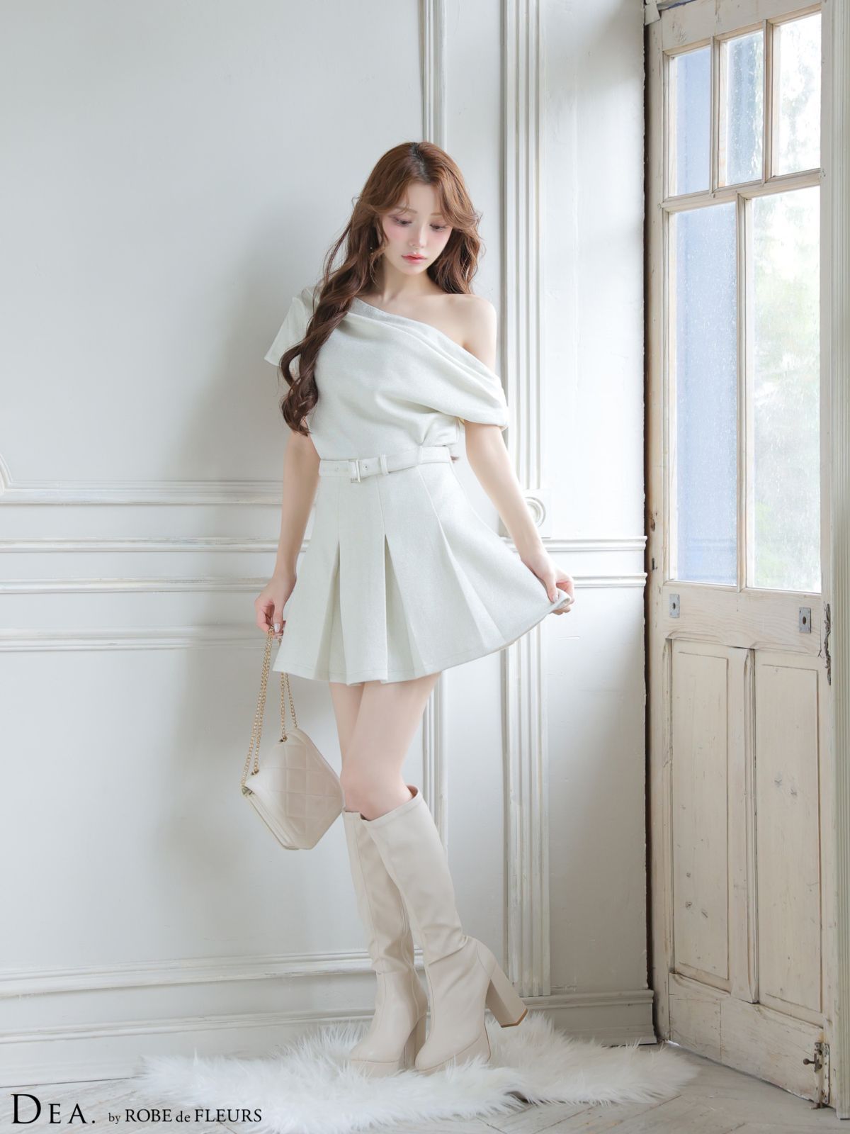 アイボリー DE 4606-IV-2511 DEA. by ROBE FLEURS ディアバイローブドフルール ディア 半袖 ドレープ オフショルダー セットアップ フ ミニドレス キャバドレス