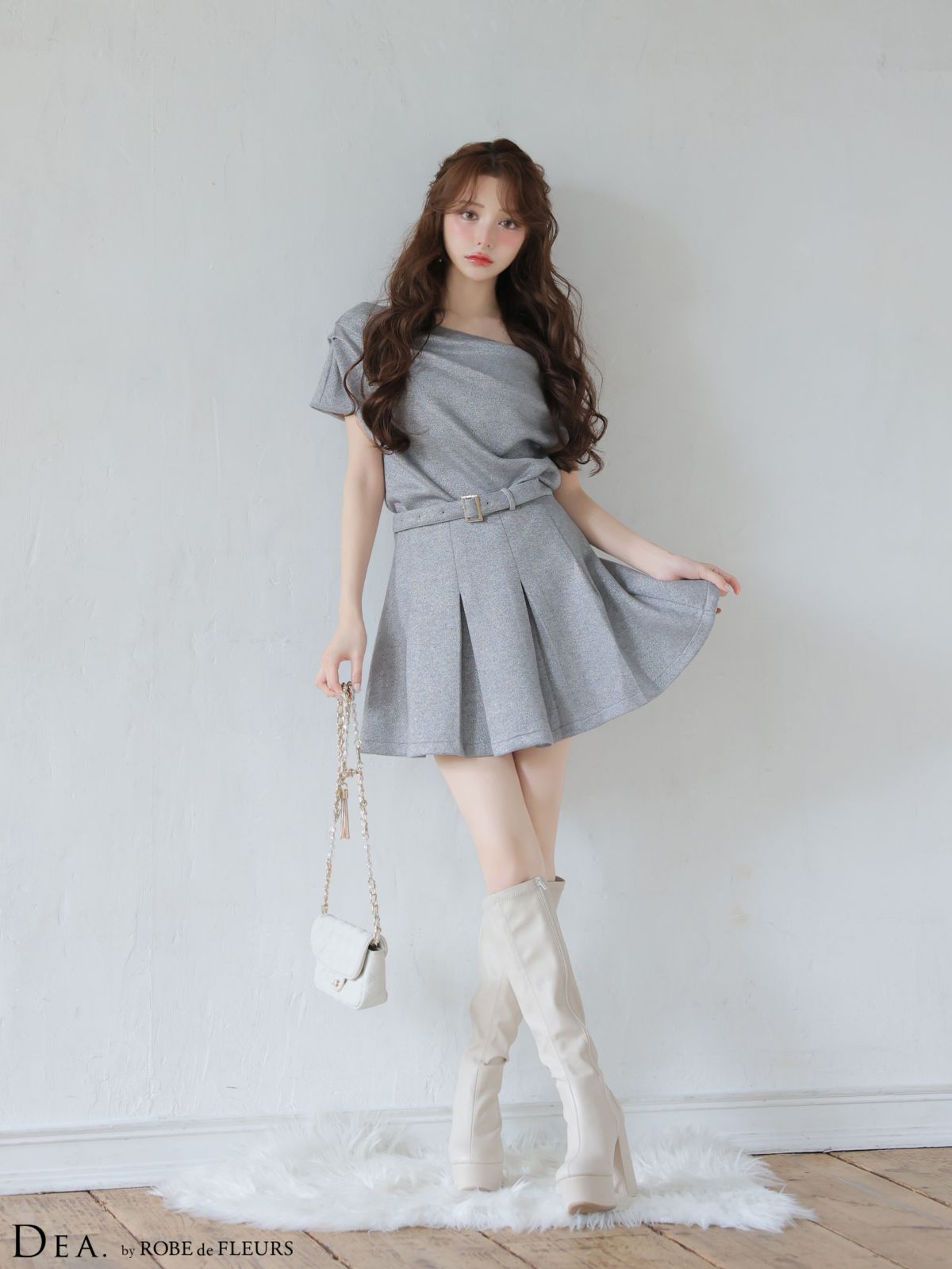 グレー DE 4606-IV-2511 DEA. by ROBE FLEURS ディアバイローブドフルール ディア 半袖 ドレープ オフショルダー セットアップ フ ミニドレス キャバドレス