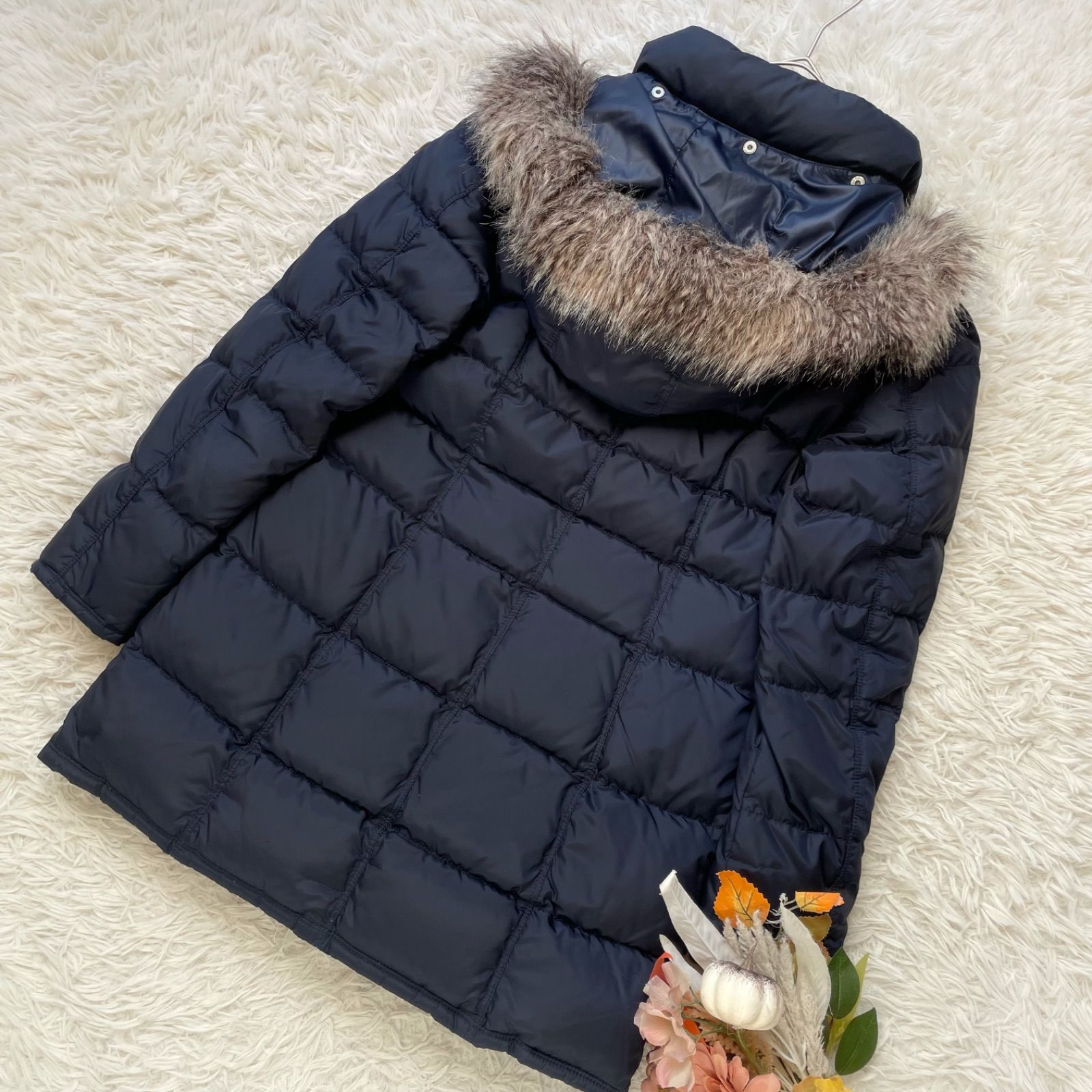 極美品✨トミーヒルフィガー ロングダウンコート ネイビー L ファー フード付 TOMMY HILFIGER トミーヒルフィガー 3wayエコファー付きロングダウン
