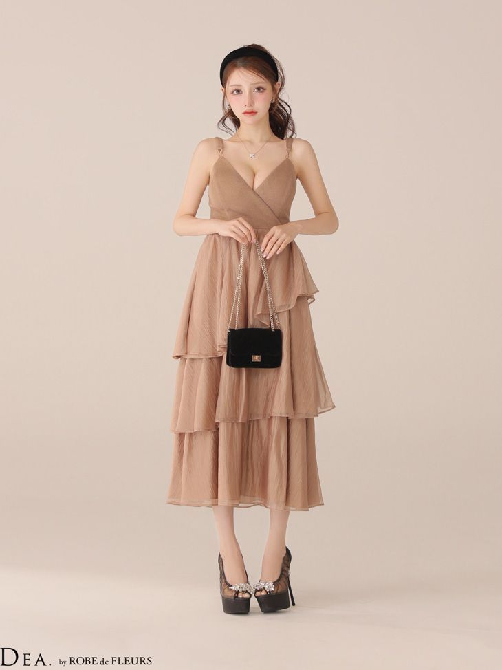 ブラウン DE 4300-IV-2510 DEA. by ROBE FLEURS ディアバイローブドフルール ジャガード ティアードフリルスカート フ ワンピース ミモレ丈 ミディアムドレス ロングドレス キャバドレス