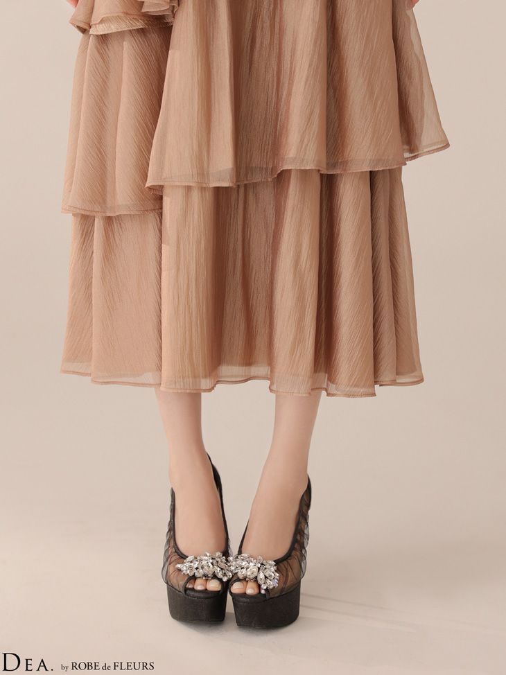  ブラウン DE 4300-IV-2510 DEA. by ROBE FLEURS ディアバイローブドフルール ジャガード ティアードフリルスカート フ ワンピース ミモレ丈 ミディアムドレス ロングドレス キャバドレス ナイトドレス キャバドレス ドレス ブライダル