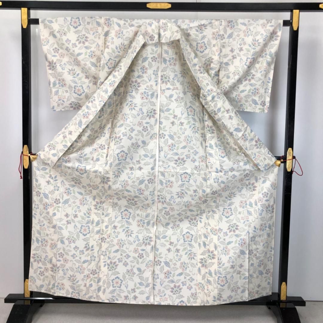 単衣 紬 花柄模様 乳白色 しつけ糸 K-5618