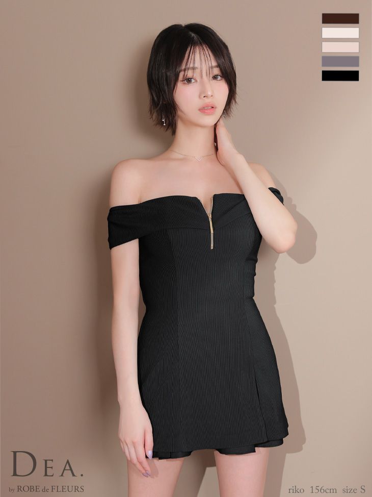 ブラック DE 4217-IV-2507 DEA. by ROBE FLEURS ディアバイローブドフルール バストジップ オフショル 半袖 セットアップ フ ミニドレス キャバドレス ナイトドレス