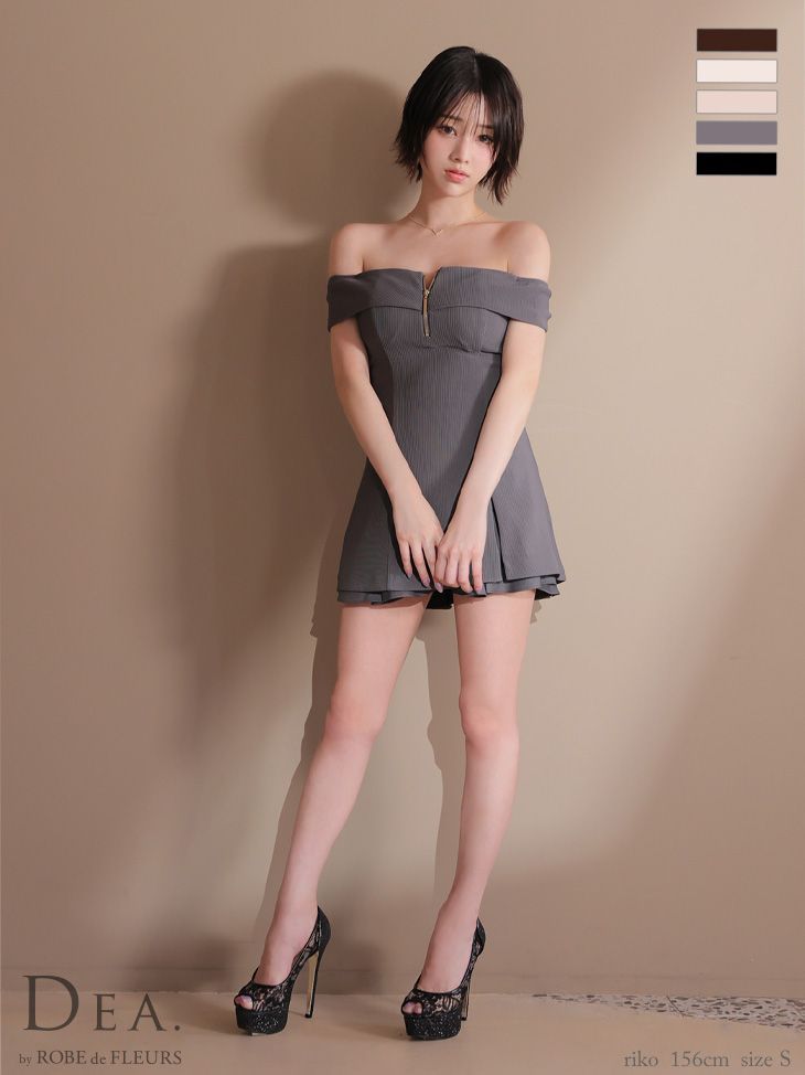 グレー DE 4217-IV-2507 DEA. by ROBE FLEURS ディアバイローブドフルール バストジップ オフショル 半袖 セットアップ フ ミニドレス キャバドレス ナイトドレス