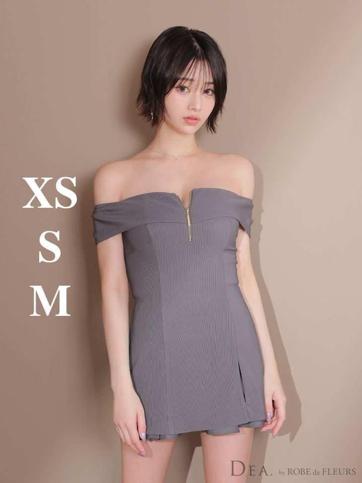 グレー DE 4217-IV-2507 DEA. by ROBE FLEURS ディアバイローブドフルール バストジップ オフショル 半袖 セットアップ フ ミニドレス キャバドレス ナイトドレス