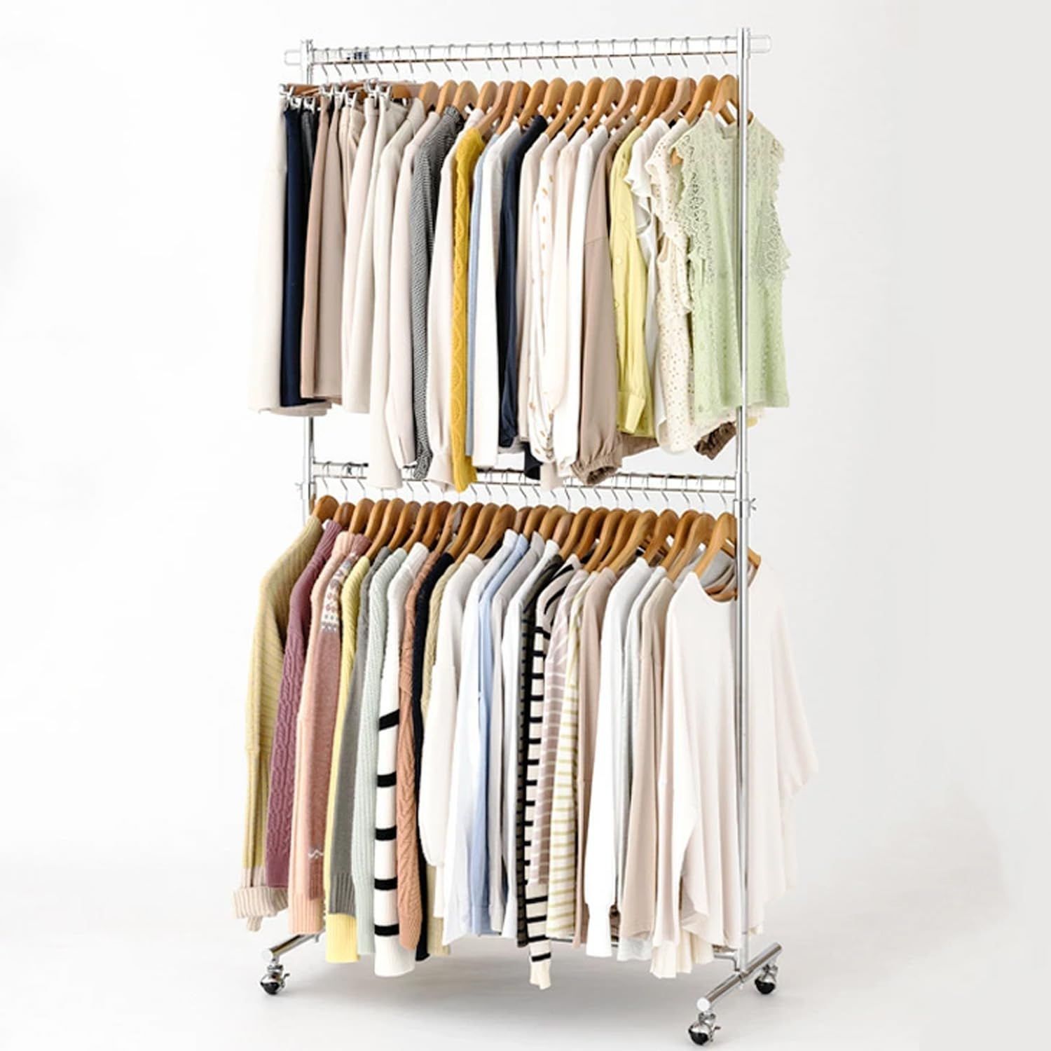 ドウシシャ ハンガーラック 頑丈 上下2段 全体耐荷重120 kg 大容量 シルバー ダブル パイプハンガー 幅100.5×奥行41.5×高さ117 183.5 cm 洋服収納 服掛け 衣類 衣装 業務用 キャスター付き LIH 2-100 CR