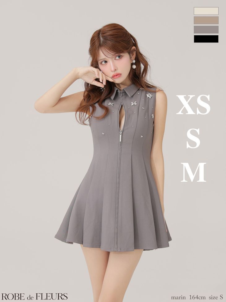 グレー fm 4156 IV 2511 4212 ROBE de FLEURS ローブドフルール 襟付き ノースリーブ フ ミニドレス キャバドレス ナイトドレス