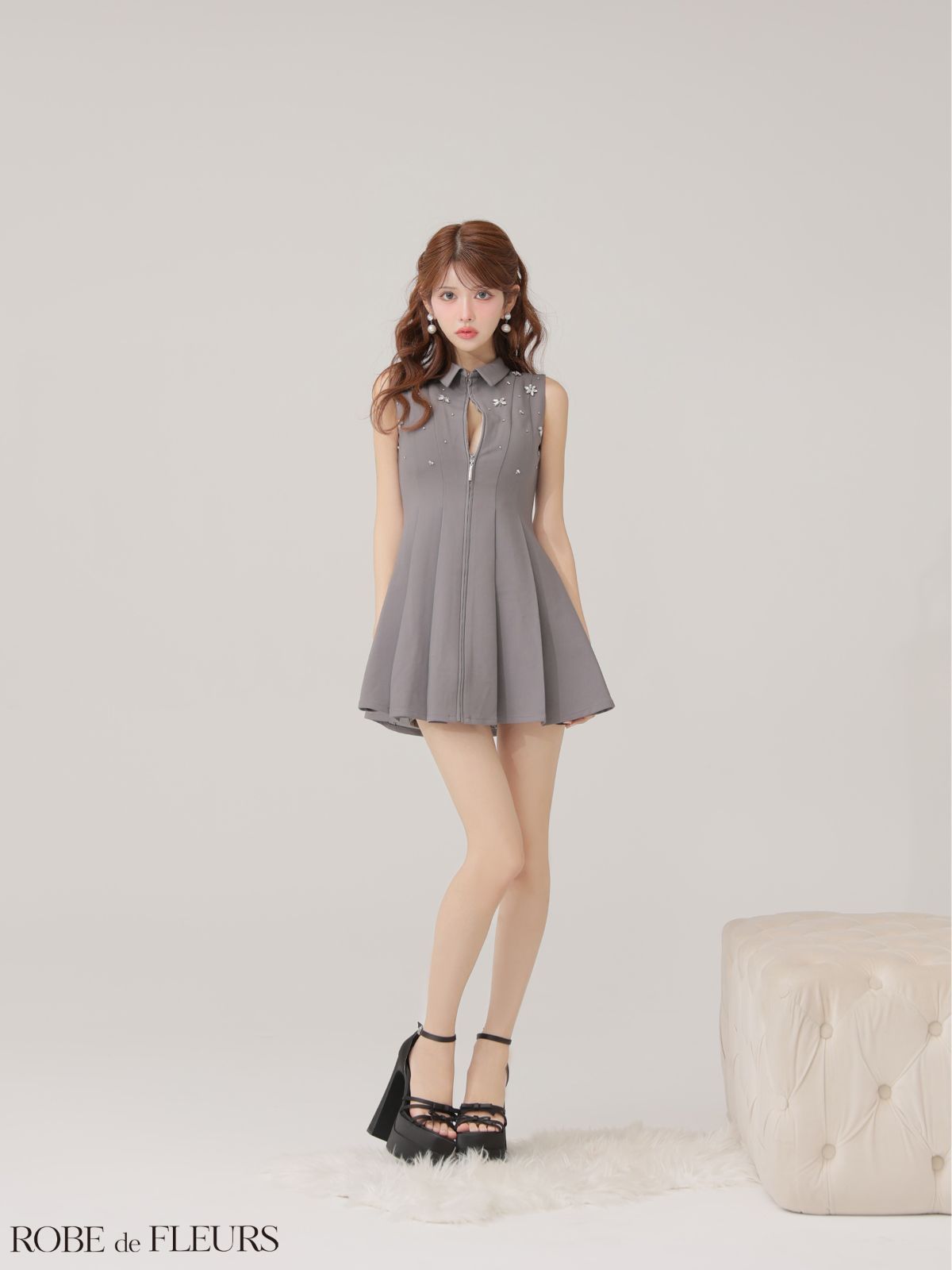 グレー fm 4156 4156-IV-2511 4212 ROBE de FLEURS ローブドフルール 襟付き ノースリーブ フ ミニドレス キャバドレス ナイトドレス