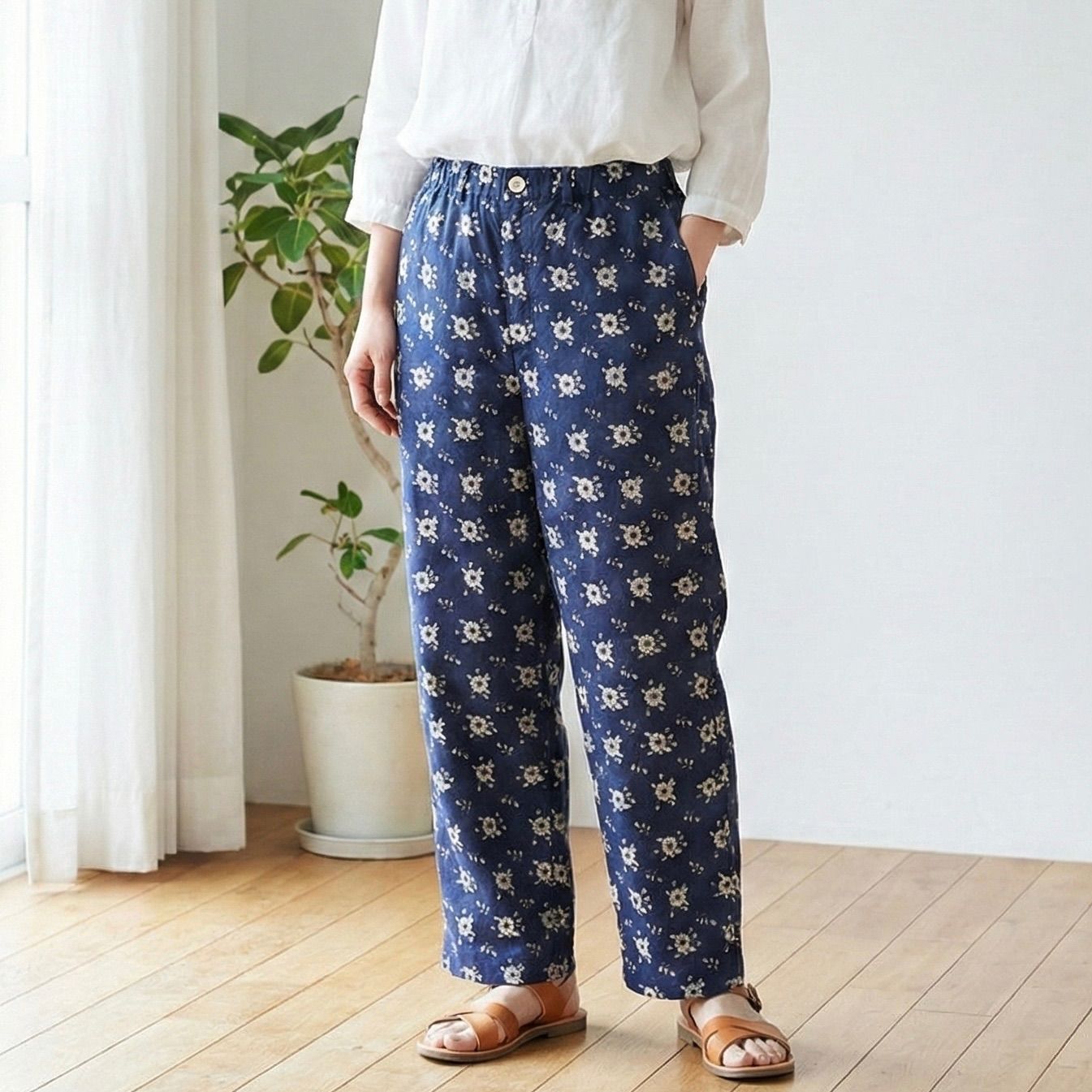45 R フラワープリント 花柄 キュプラコットン イージーワイドパンツ 1 ブルー 青 5096107