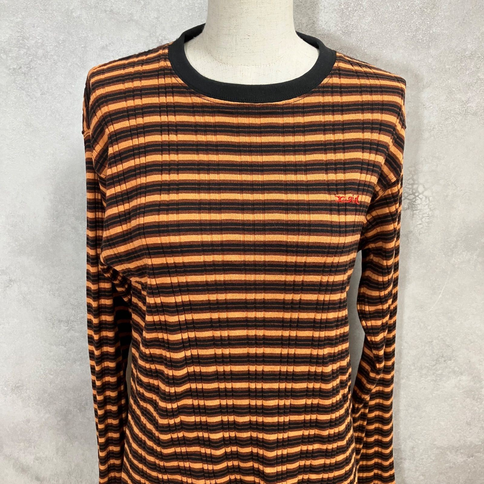 X-girl エックスガール 長袖シャツ ボーダー 丸首 オレンジ ブラック M