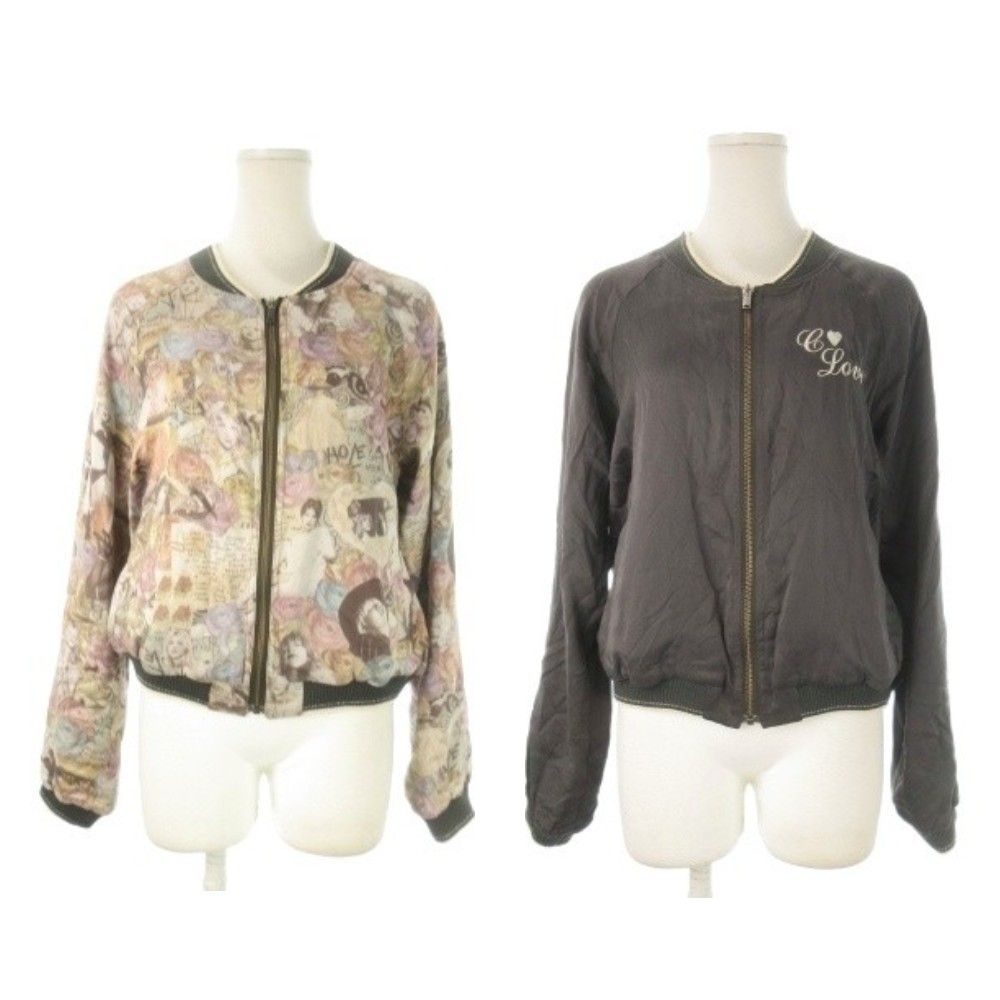 ヒステリックグラマー GLAMOUR LOVE リバーシブルブルゾン ジャンパー F ピンク ベージュ チャコール グレー ロゴ刺繍 コラージュ ジップアップ CK 18 GY 01