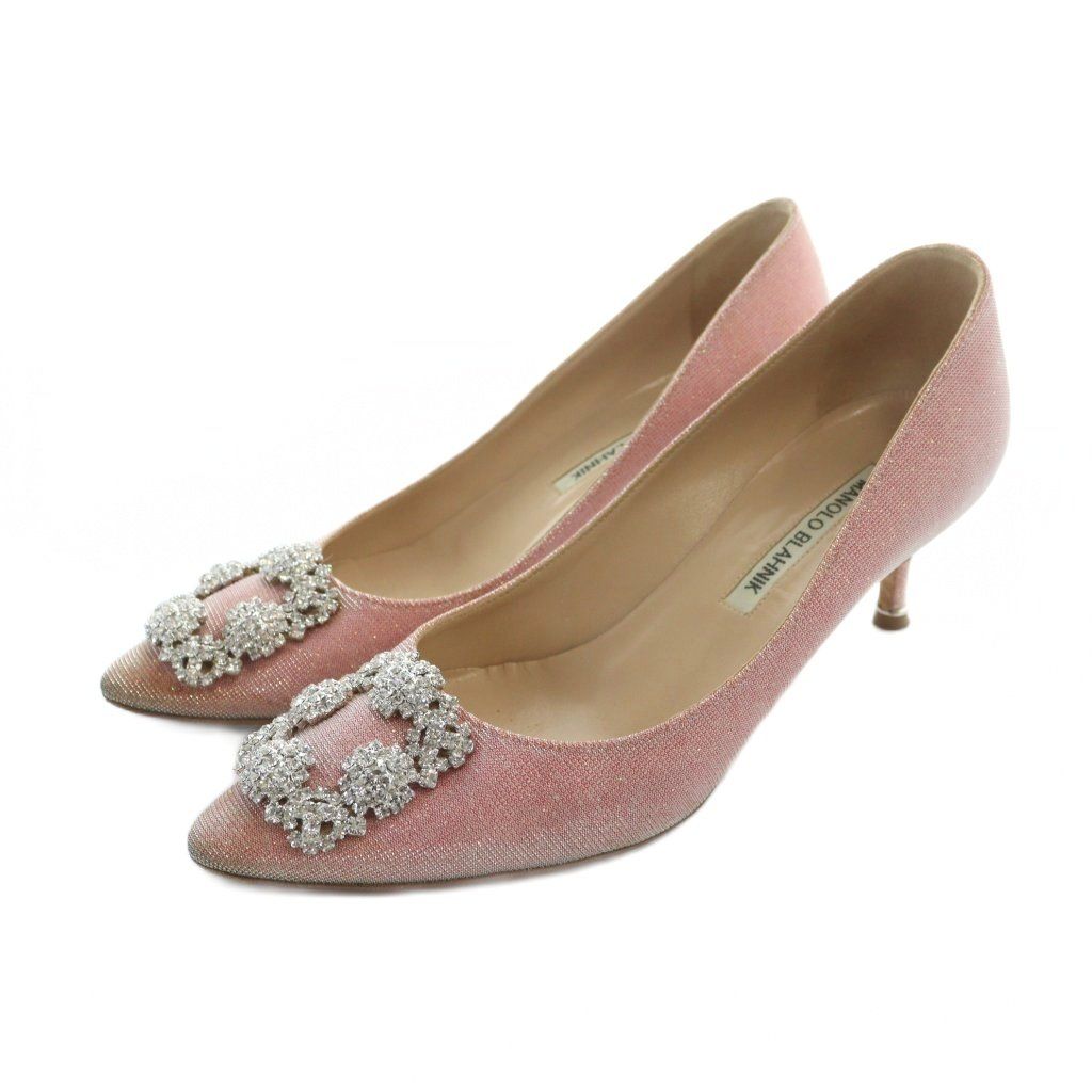 マノロブラニク MANOLO BLAHNIK パンプス ハンギシ ビジュー ラメ ポインテッドトゥ 37 24.5 cm ピンク GY 19 |MQ