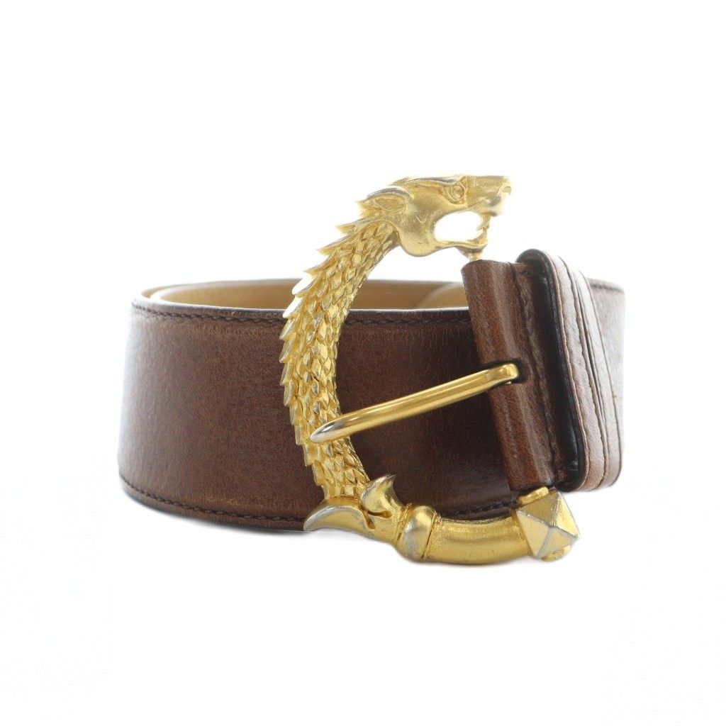 プラダ PRADA ヴィンテージ レザーベルト ドラゴンバックル ゴールド金具 ロゴ 75 30 茶 ブラウン GY 19 MQ OH