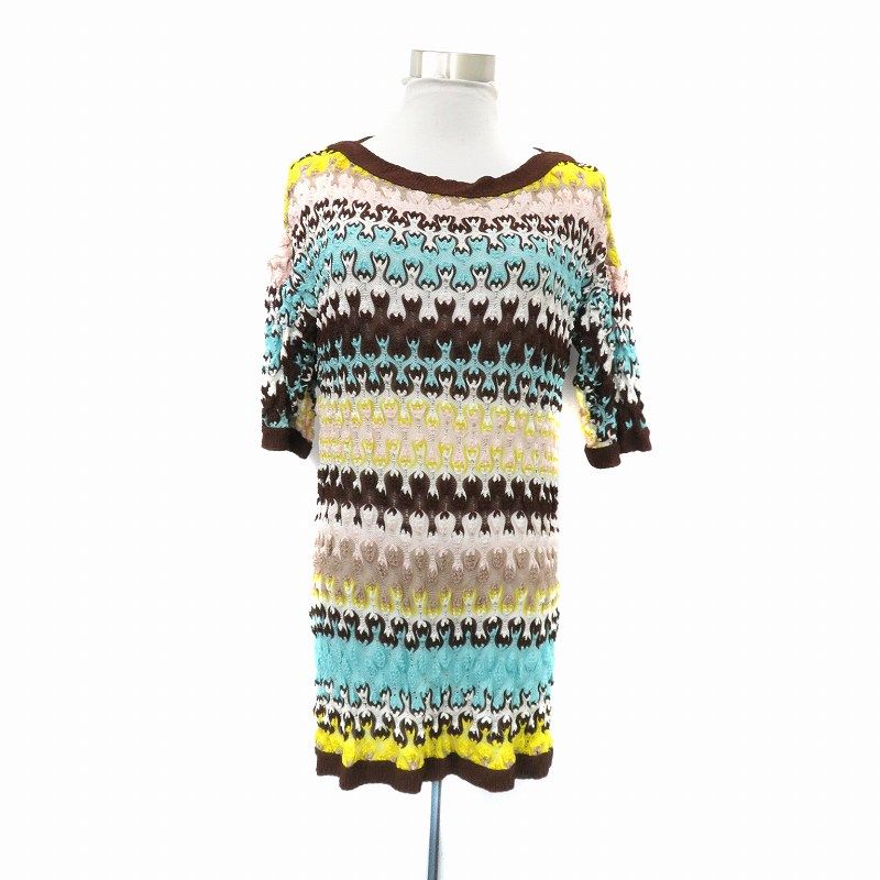 【中古】ミッソーニ ニット カットソー ボートネック 半袖 総柄 マルチカラー ダークブラウン ■GY19 レディース ミッソーニ MISSONI ニット カットソー ボートネック 半袖 総柄 マルチ