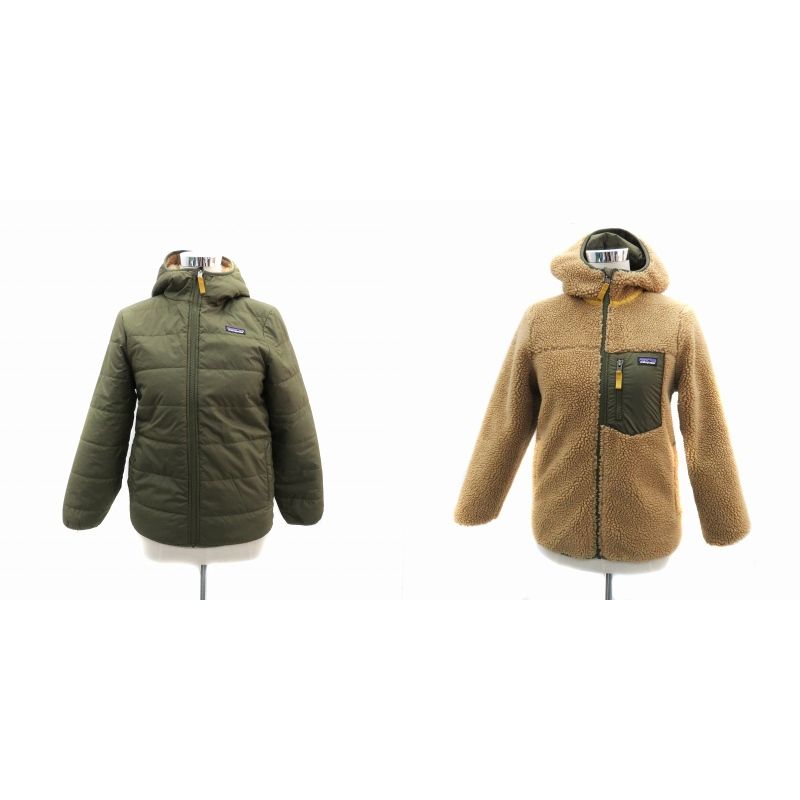 パタゴニア Patagonia フリースジャケット ボアジャケット ブルゾンジャケット ミドル丈 リバーシブル フード付き L カーキ 茶色 ブラウン /HO10 ■GY19