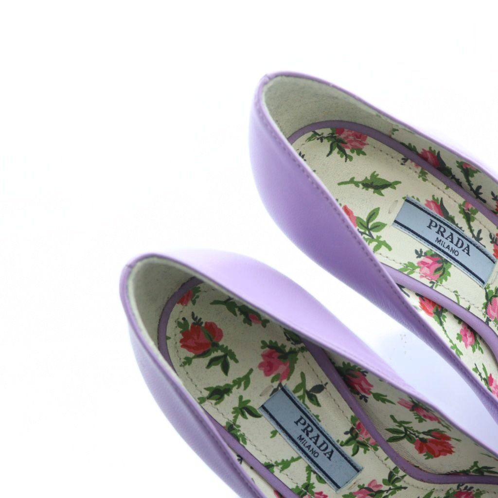 プラダ PRADA パンプス ハイヒール オープントゥ 花柄 ロゴ レザー 35