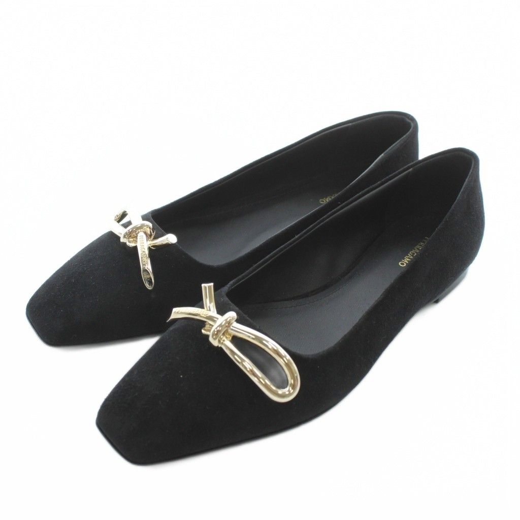 サルヴァトーレフェラガモ Salvatore Ferragamo ANNIE パンプス フラットシューズ スエード スクエアトゥ ロゴ ゴールド金具 8 25.5-26 cm 黒 ブラック XZ GY 19