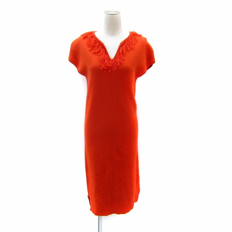 クルチアーニ cruciani ニットワンピース ロング丈 半袖 Vネック 無地 フリンジ シルク混 40 L オレンジ |SY 19 GY
