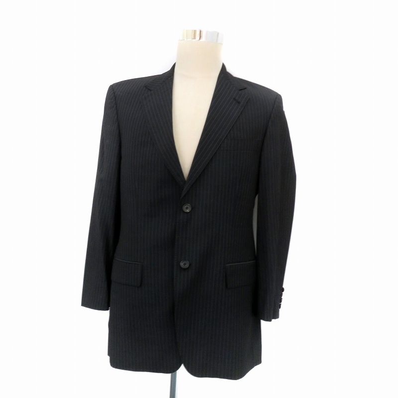【中古】ヒューゴボス テーラードジャケット シングル ロロピアーナ 総裏地 サイドベンツ ミドル丈 ストライプ柄 黒 ヒューゴボス HUGO BOSS テーラードジャケット シングル ロロピアーナ
