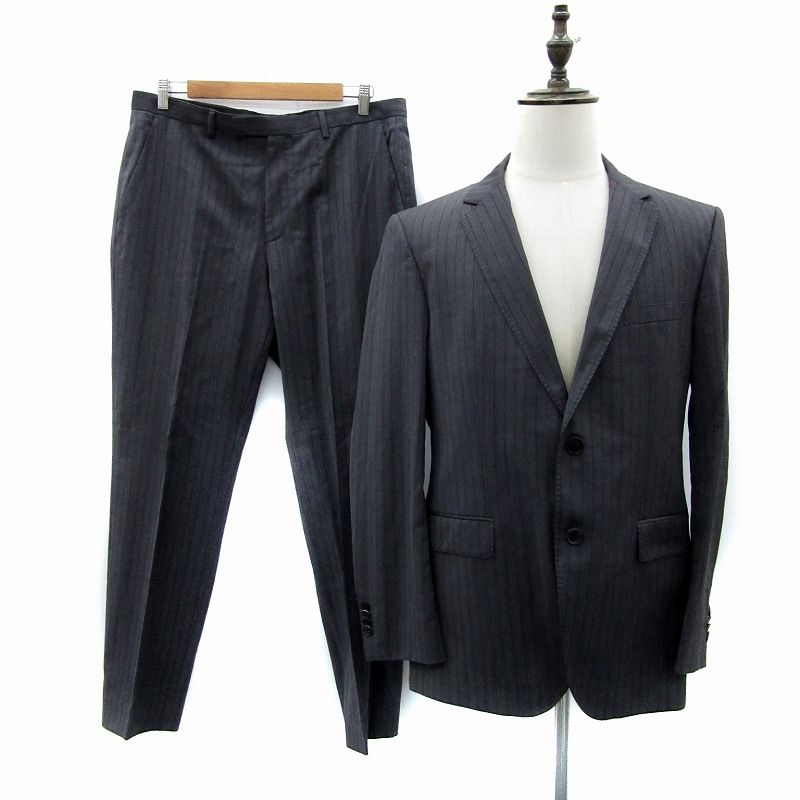 ヒューゴボス HUGO BOSS スーツ セットアップ 上下 テーラードジャケット シングルボタン 総裏地 サイドベンツ スラックスパンツ ストライプ柄 ウール 50 A グレー 紫 パープル |MA 4 GY 18
