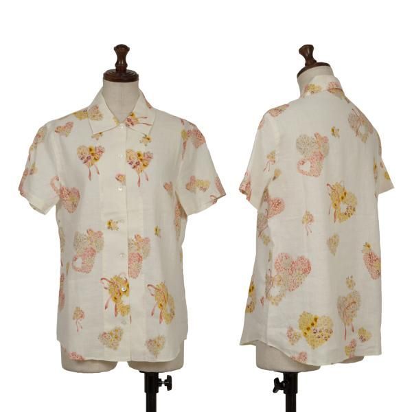 マドモアゼルノンノンMademoiselle NON NON リネン花柄ハートプリント半袖シャツ オフ他38M