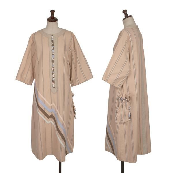 ヤブヤムYAB-YUM メニーボタンデザインストライプワンピース ベージュ